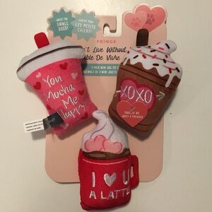 NEW Dog Toys 3 Plush Coffee Drink Squeakers “Can’t Live Without You” | Fringe